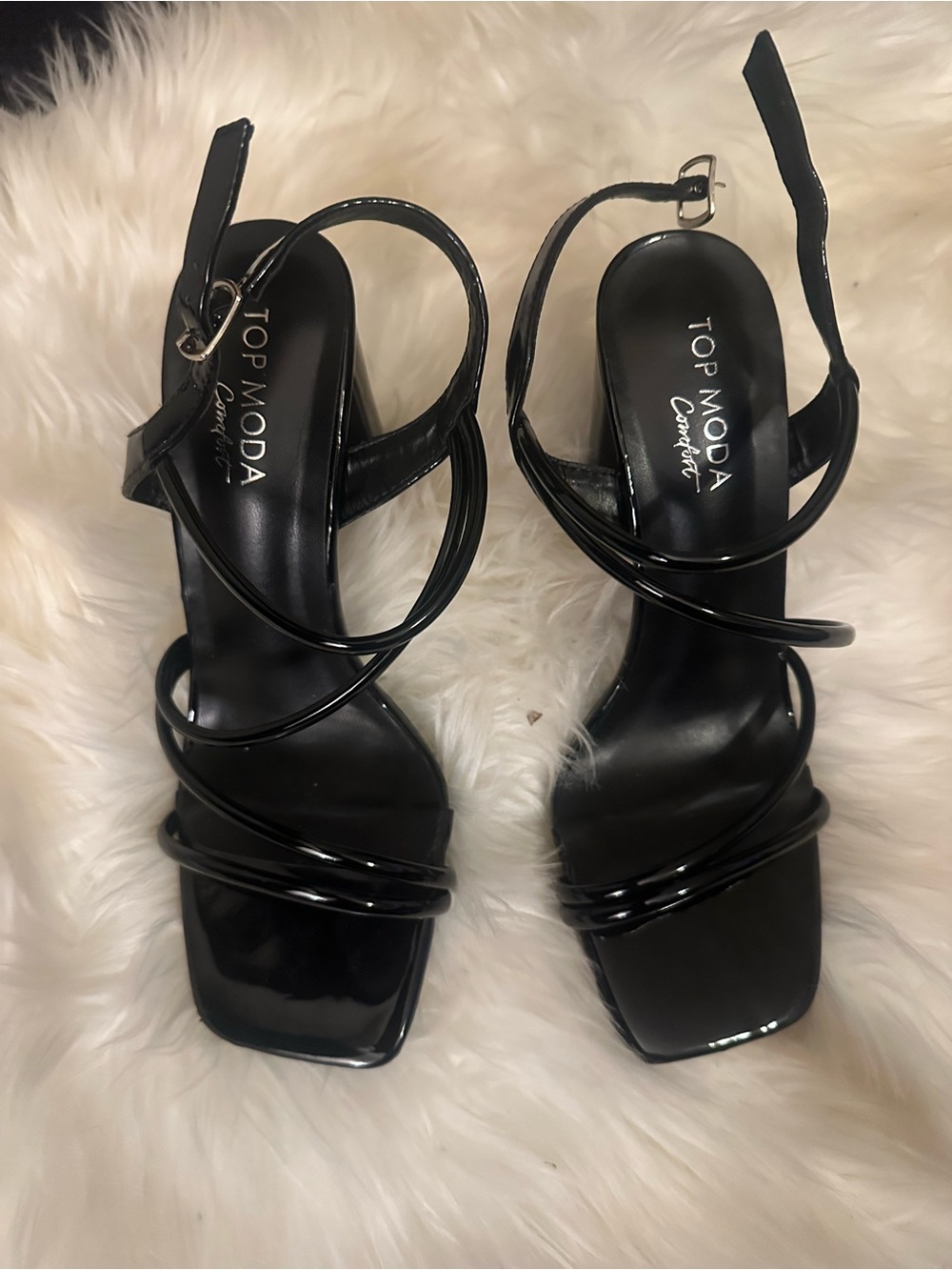 TOP Moda Black Patent Strappy Square-Toe Heels